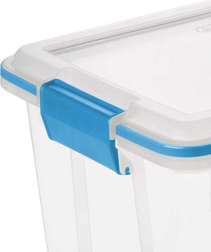 Sterilite 20 Qt Gasket Box, Stackable Storage Bin with Latching Lid and Tight Seal, Plastic Container to Organize Basement, Clear Base and Lid, 6-Pack