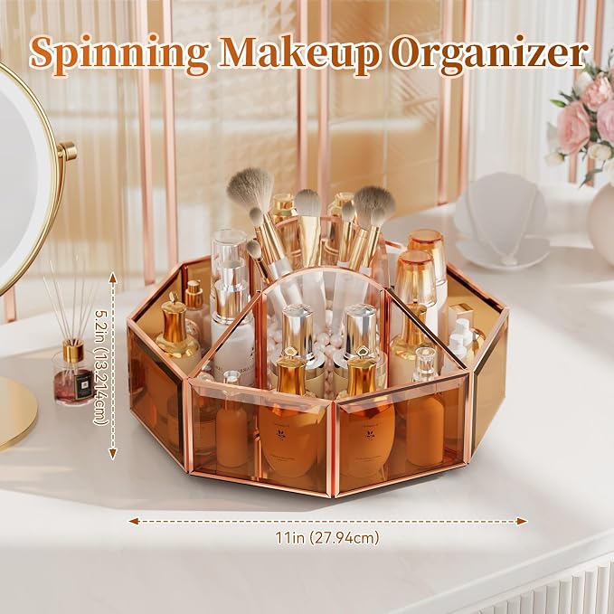 CoralHouse Rotating Glass Makeup Organizer for Vanity with Brush Holder | 5 clear compartments organize lipstick, perfume, palettes and skincare on a vanity, bathroom countertop or beauty station