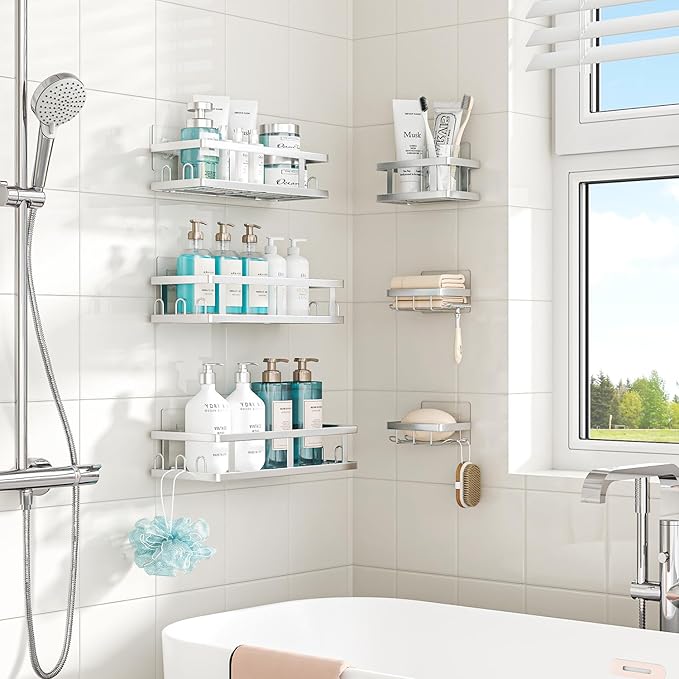 Youvip Silver Shower Caddy 6 Pack, No Drill Rustproof Adhesive Shelves | Silver Finish, Clean Organization, 6-Piece Set, No Drilling, Rust Resistant, 6 Adhesives, 24 Built-In Side Hooks