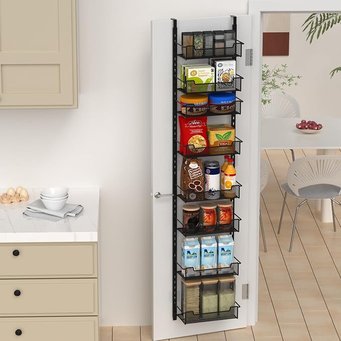 VyGrow 12.3" W Narrow Over the Door Pantry Organizer, 8-Tier Over the Door Organizer with Adjustable Basket, Pantry Door Organization for Pantry Kitchen Storage Room Spice Rack, Black