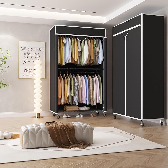 Heavy Duty Garment Rack 485LBS Closet Wardrobe with 4 Wheels & Cover Clothes Rack for Hanging Clothes with Adjustable 3 Shelves & 2 Hanging Rods 45" Lx17 Wx79 H Black