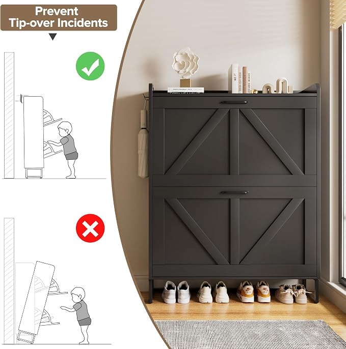 EOYUTLLY Shoe Cabinet for Entryway with 2 Flip Drawers,Narrow Wooden Shoe Storage Cabinet with Metal Legs,Hold 24 Pairs, 4-Tier Adjustable Shelves–Freestanding Hidden Shoe Organizer for Hallway, Foyer