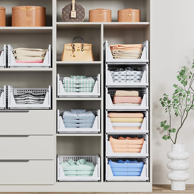 caktraie 5 Pack Stackable Closet Storage Basket - Stackable Storage Bins | Multifunctional & Foldable Closet Organizer Waterproof, Wardrobe Cupboard Space-Saving Storage Drawer Organizer