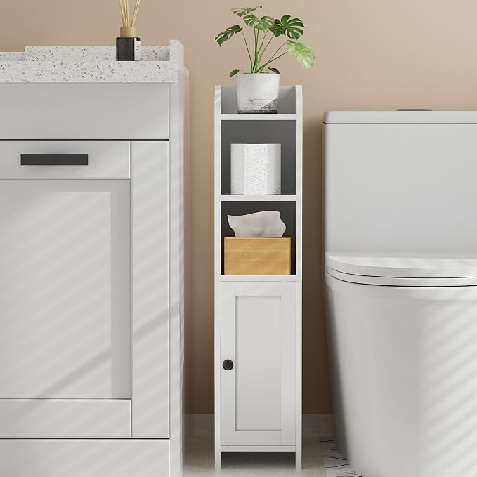 Homhedy Small Bathroom Storage Cabinet, Narrow Toilet Paper Cabinet | Corner Floor Cabinet with Door and Shelves, Slim Bathroom Cabinet for Small Spaces, 7.9" D x 7.1" W x 31" H, White