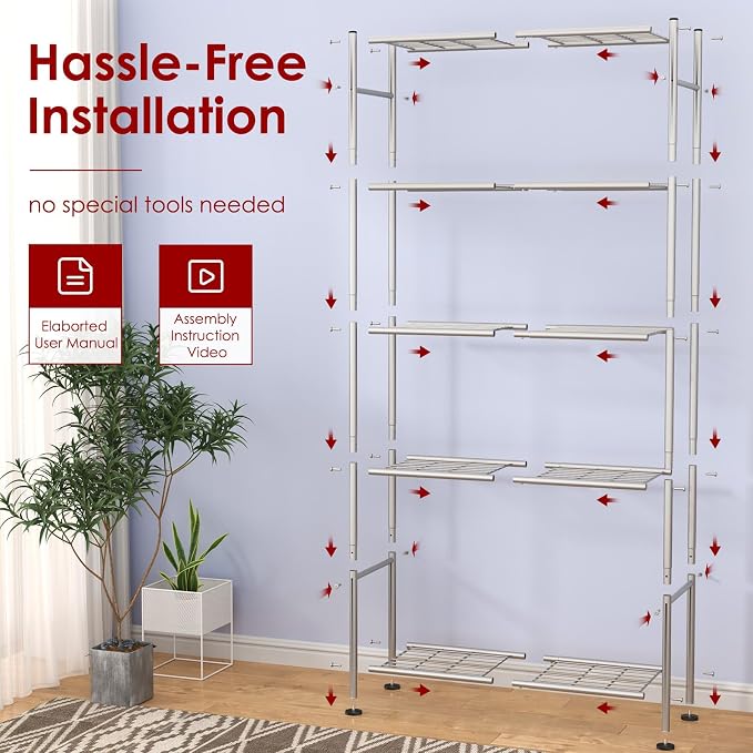 Sakugi Storage Shelves - 5 Tier Shelf Organizer, Heavy Duty Garage Shelving Unit with Leveling Feet, Stable Metal Shelves Organizer for Pantry, Kitchen and Closet, 33.0" W x 12.6" D x 72.0" H, Silver