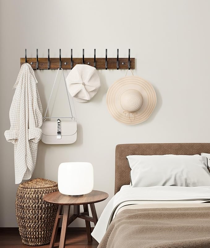 Optish 2 Pack Wooden Coat Rack Wall Mount, 16.1" Rustic Coat Hanger Hooks with 10 Double Hooks, Wall Coat Rack for Hat, Clothes, Bags, Jacket, Brown