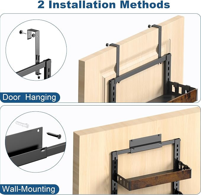 BUKFEN 6-Tier Over the Door Pantry Organizer, 2-in-1 Door Hanging or Wall Mounted Spice Rack with Adjustable Wooden Baskets, Heavy Duty Metal Storage Shelf, 12 Hooks for Kitchen, Bathroom, Closet