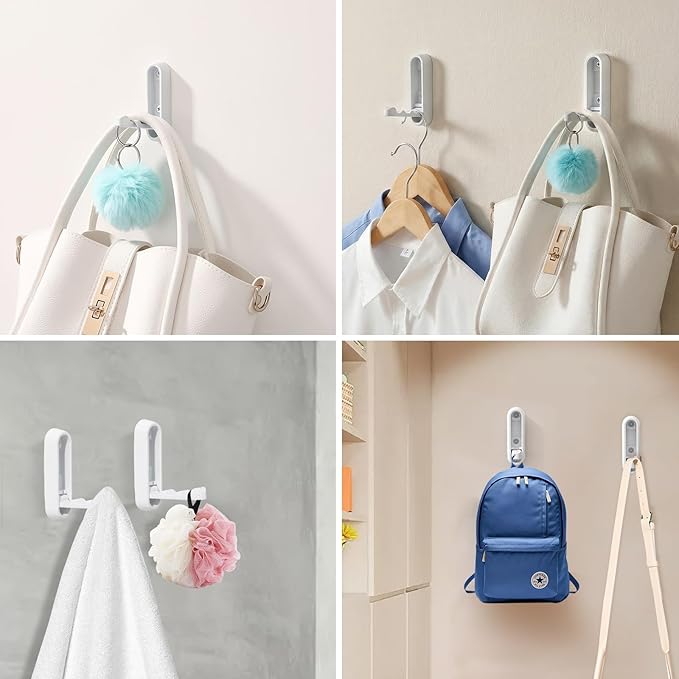 Folding Wall Hooks, 2 Pack, White, Zinc Alloy, Heavy Duty Coat Hooks | 90° Foldable Design, Wall Mounted, Zinc Alloy, Flip-Down Design, Includes Screws And Anchors, For Bedroom, Entryway, Closet