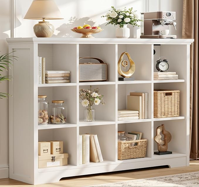 Aheaplus Wooden 12-Cube Storage Organizer with Charging Ports, Modern Cube Bookcase with Base, 4-Tier Floor Standing Open Cubbies Bookshelf, Cubicle Display Shelf for Home and Office, White