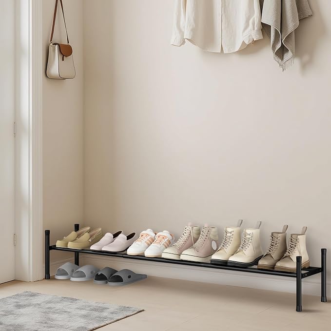 STORAGE MANIAC Long Expandable Shoe Rack, 6 Pairs Metal Wide Stackable Shoe Rack, Adjustable Shoes Shelf, Freestanding Shoes Organizer for Closet, Entryway, Hallway, Garage, Front Door, 1 Tier