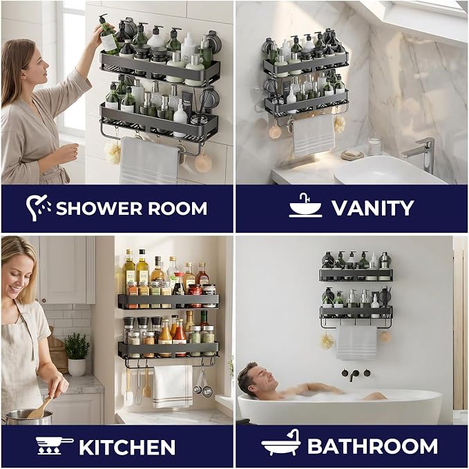 Corner Shower Caddy,Suction Cup Shower Caddy with Hooks,No Drilling Rustproof Aluminum Bathroom Organizers and Storage,Shelves for Bathroom Accessories Decor (15.7inch-Gunmetal Gray)