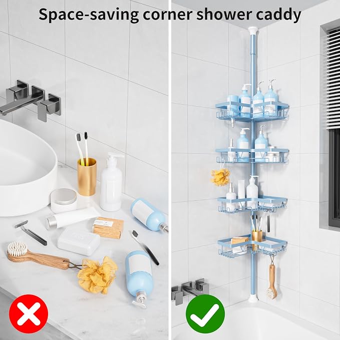 KEGII Shower Caddy Tension Pole, L-Shaped Corner Bathroom Organizer, Blue | Large Capacity 4-Tier Shower Storage with Hooks and Soap Holder, No Drill Rustproof Tension Rod for Renters and Apartments