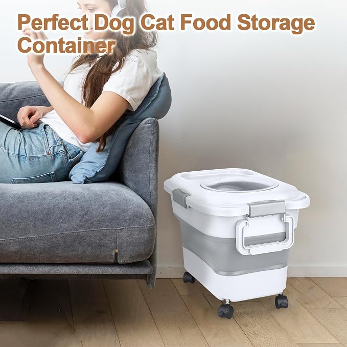 Dog Food Storage Container,10-25 lbs Airtight Collapsible Cat Food Storage Container with Attachable Wheels, Portable Handle, Dog Food Scoop for Dog Cat Bird Pet Dry Food Storage Bin Light Grey