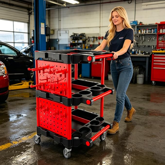 Auto Detailing Cart with Wheels, 3 Tier Rolling Detail Cart | With Long Hanging Plate, Hooks, Brush, Towel and Gloves, for Detailers Garage, Workshop, Repair Shop, Storage Tool