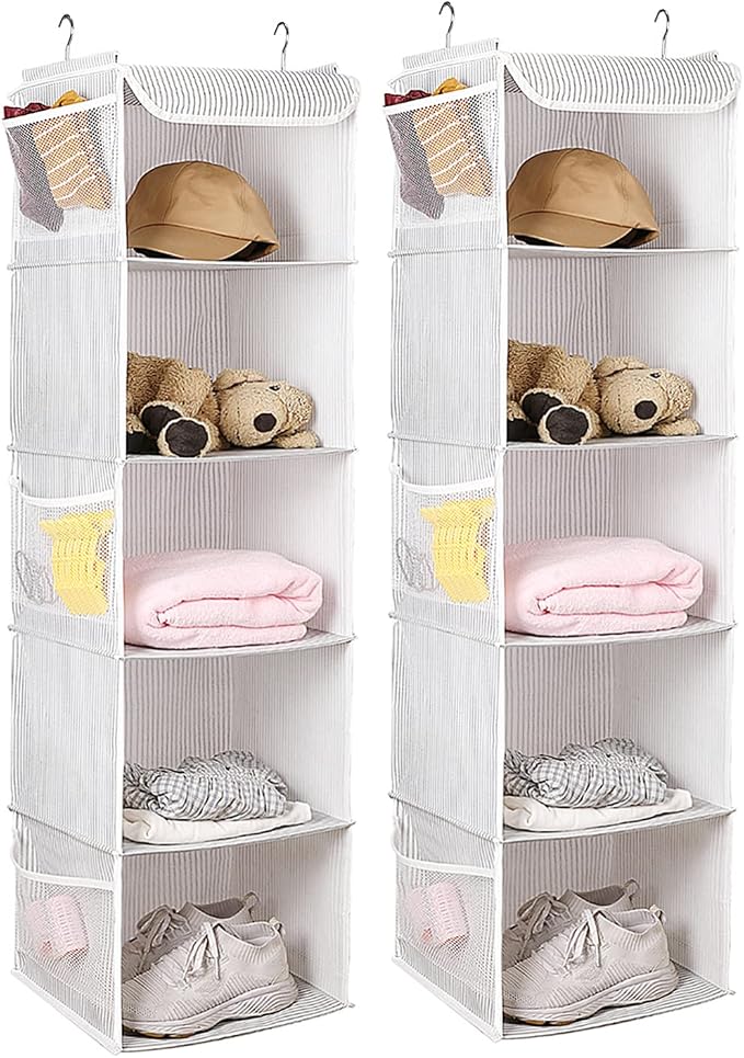 BrilliantJo 5 Shelves Hanging Closet Organizer, 2 Pack Hanging Storage with 6 Side Pockets for Clothes Shoes, 43"x12"x12"(Strip)