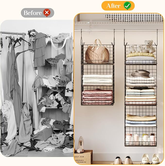 Yuyetuyo 5 Tier Closet Hanging Organizer and Storage Separable Hanging Closet Shelves with 4 Hooks 2 Adjustable Dividers, Wire Storage Basket Bins for Clothing Sweaters Socks Dolls Handbags, Foldable