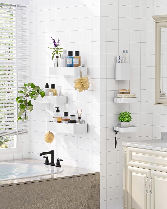 Kitsure Large Shower Caddy - Adhesive 6-Pack Bathroom Shelves, White | No-Drilling Rustproof Shelves with Soap Holder, Toothbrush Holder, 6 Hooks, Stylish Bathroom Organizers and Storage Solution