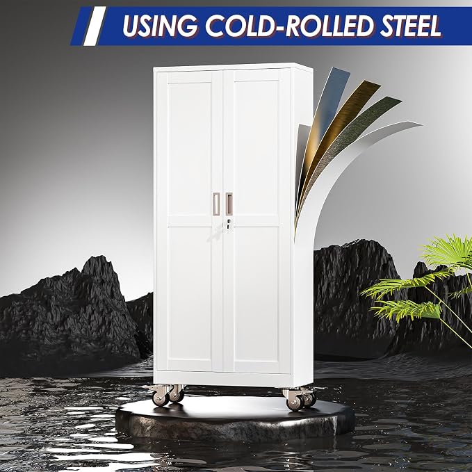 GAIOUS Metal Garage Storage Cabinet with Lock and Wheels, 45.7" Tall Metal Storage Cabinets with Locked Door and 3 Adjustable Shelves, Rolling Tool Cabinet, Utility File Cabinet for Home Office, White