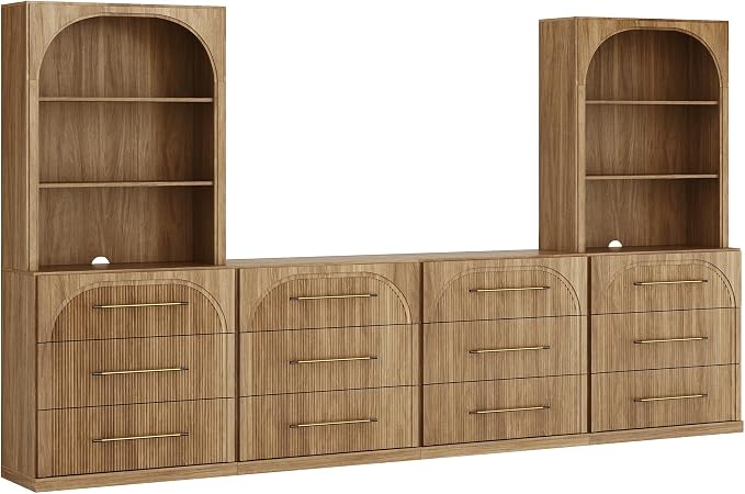 BELLEZE 6-Piece Modular TV Stand Set - 4 Sideboards with Drawers and 2 Storage Hutch, Classic Modern Media Console Table Cabinet for Living Room (Camel)