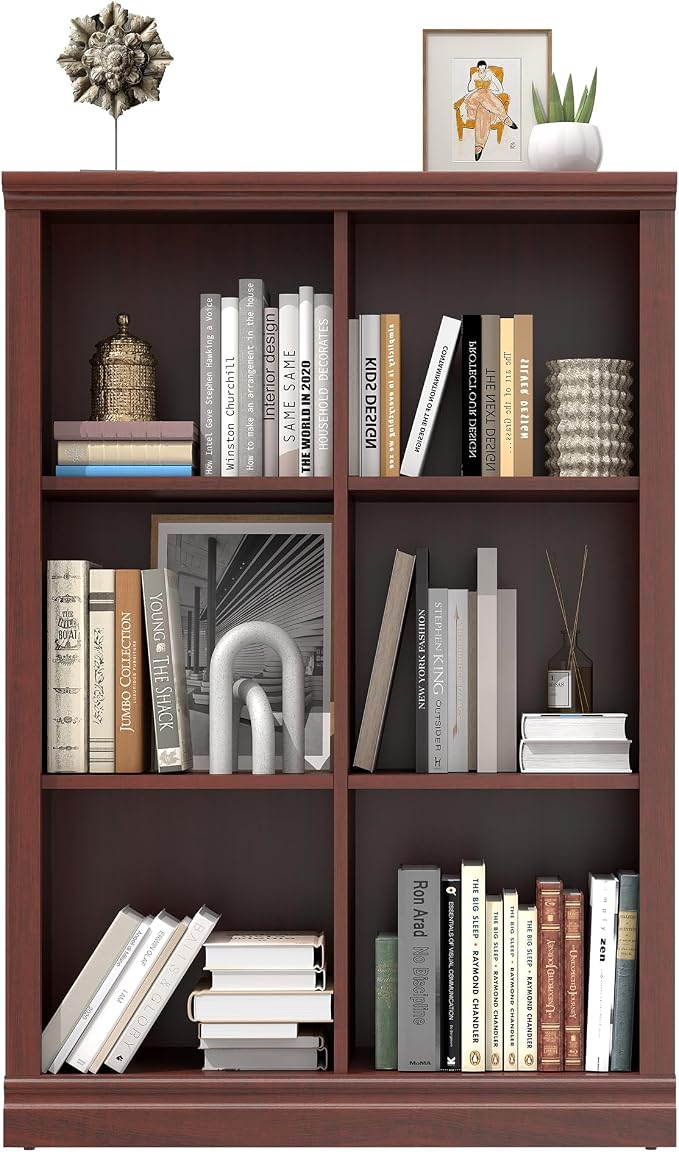 3 Tiers 6 Cube Storage Organizer Bookcase, 30 inch Width Wooden Book Shelf | 6 Storage Cube Adjustable Space Book Case, Vertical Bookshelf Display Cabinet Organizer for Home Library Office, Mahogany