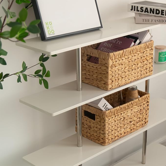 KOKODO Wicker Storage Basket Set of 2, Rectangular Baskets for Shelves with Handles & Chalkboard Labels, Handwoven Water Hyacinth Baskets for Organizing Pantry, Closet & Home.