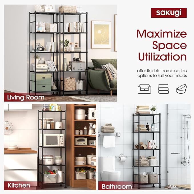 Sakugi Storage Shelves - 5 Tier Shelf Organizer, Heavy Duty Garage Shelving Unit with Leveling Feet, Stable Metal Shelves Organizer for Pantry, Kitchen and Closet, 18.4" W x 12.6" D x 57.4" H, Black
