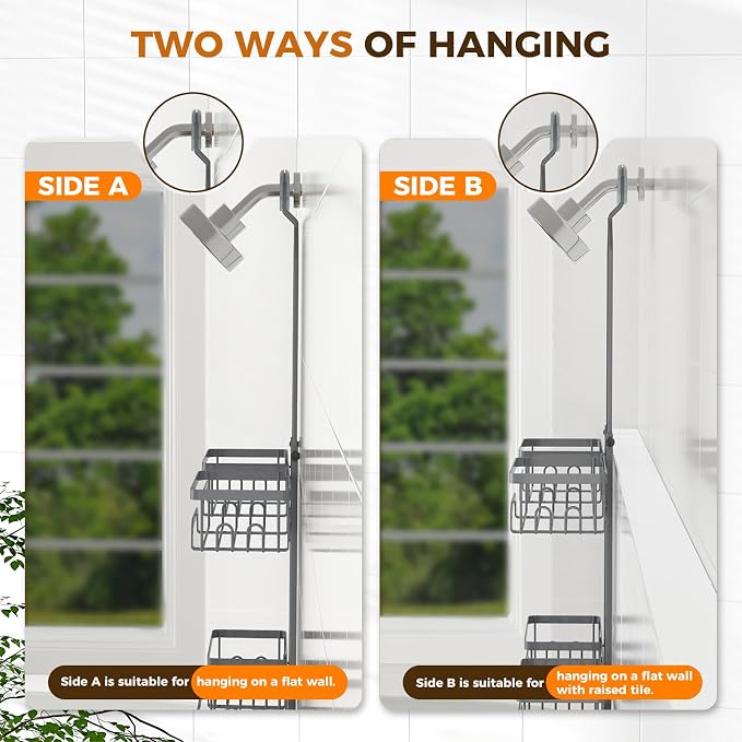 REINHARDT Split Shower Caddy Hanging for Handheld Showerheads, Grey | Adjustable Shower Organizer, Rustproof, 16 Hooks, Soap Holder, 40lbs Capacity, Anti-Slip, Tool-Free, Bathroom Accessories