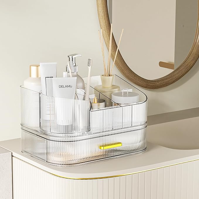 Delamu Rotating Makeup Organizer countertop, Brush Holder for Vanity, Clear | Stackable Drawer Makeup Storage for Skincare, Lipstick, Brushes & Perfume, Fits Dresser & Bathroom Countertop, Gift for Women