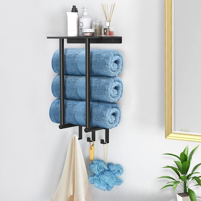 Bethom Towel Racks for Bathroom Wall, Black Small Towel Holder with Hooks | Stainless Steel Towel Shelf and 3 Hooks for Small Bathroom, Hold 3 Large Bath Towels