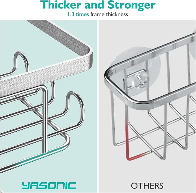 YASONIC Corner Adhesive Shower Caddy, with Soap Holder and 12 Hooks, Rustproof Stainless Steel Bathroom Organizer, No Drilling Wall Mounted Rack, Brushed Silver, 3-Pack