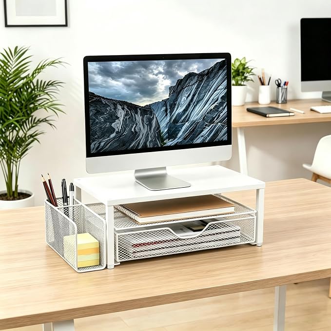 Spacrea Desk Organizer and Accessories, Computer Monitor Stand Riser with Drawer and 1 Open Pen Holder, Printer & Laptop Stand, Office Desk Accessories for Home Office Supplies (White)
