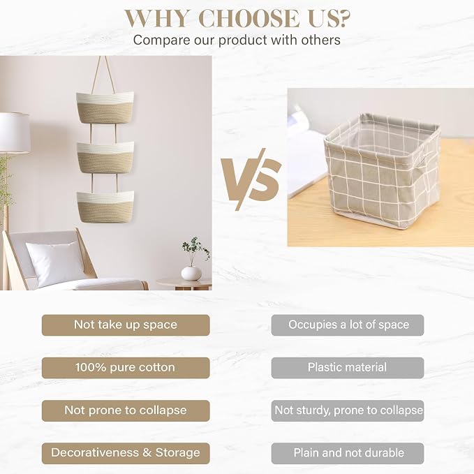 TeoKJ Over the Door Hanging Basket, 3-Tier Woven Cotton Wall-Mounted Storage Organizer Bag Decorative Hanging Nursery Baskets, White & Jute