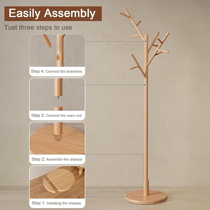 Coat Rack,Solid Wood Coat Rack Freestanding with 12 Hooks,Coat tree freestanding 3 Adjustable Heights for coat, Hats, Handbags,Coat Stand for Entryway,Bedroom (Natural)