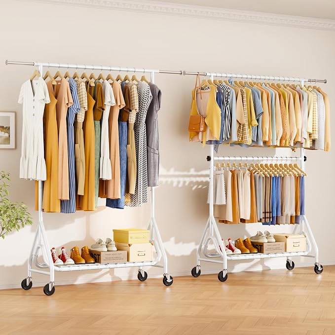 Heavy Duty Clothes Rack for Hanging Clothes, Double Rods Clothing Rack with Lockable Wheels, Rolling Garment Racks with Shelf, Easy to Assemble, White