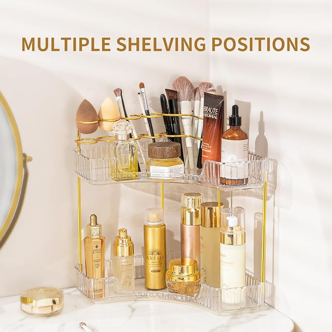 Makeup Organizer 2-Tier Bathroom Counter Organizer with Makeup Brush Holder | Corner Bathroom Organizer Countertop, Acrylic Counter Storage for Bathroom Dresser, Skincare Perfume Organizer-Clear