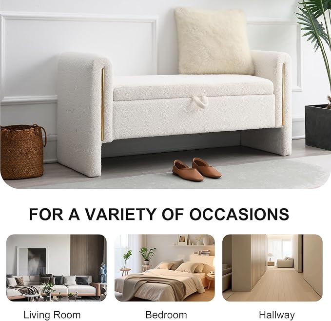 NIOIIKIT 52" Storage Ottoman Bench, Teddy Upholstered Storage Bench with Armrest, Entryway Bench with Pull-Ring, End of Bed Bench with Padded Cushion, Window Bench for Living Room (White)