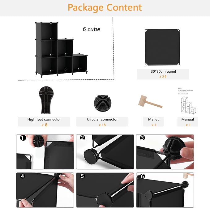 AWTATOS Closet Organizers and Storage, 6 Cube Storage Organizer, Black | Portable Closet Storage Shelves, DIY Stackable Storage Cube Book Shelf, Plastic Clothes Organizer Shelving for Bedroom, Home
