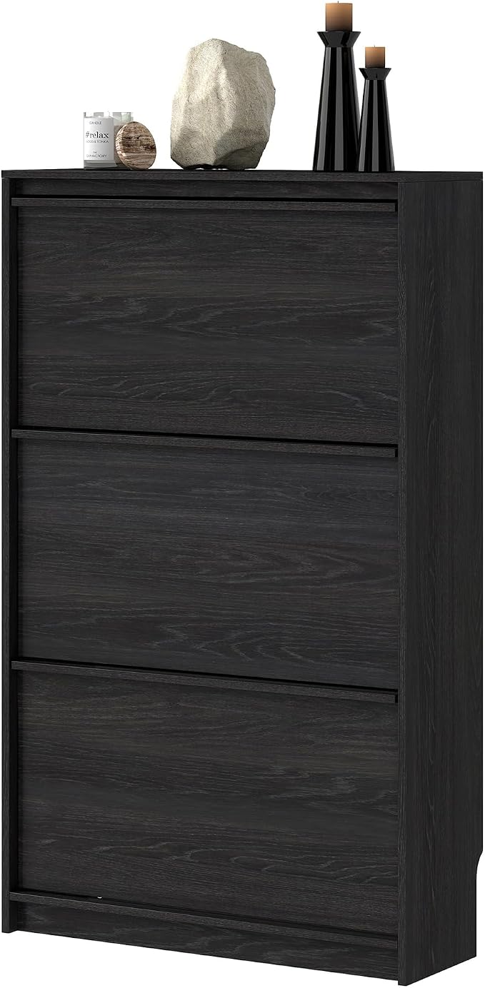Shoe Cabinet with 3 Flip Drawers, 23.62" W Narrow Shoe Storage Cabinet for Entryway, Slim Shoe Organizer with Adjustable Shelves, Freestanding Shoe Rack for Hallway, Living Room, Black