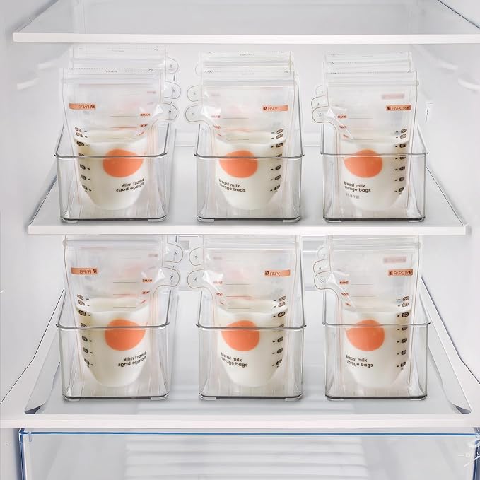 Hudgan 4 Pcs Storage Container Breastmilk for Fridge, Clear Organizer Bins for Milk Bags, Plastic Storage Bins for Freezer,Pantry, Bottles Bathroom, Vanity, Drawer and Yogurts,4.4" Wide