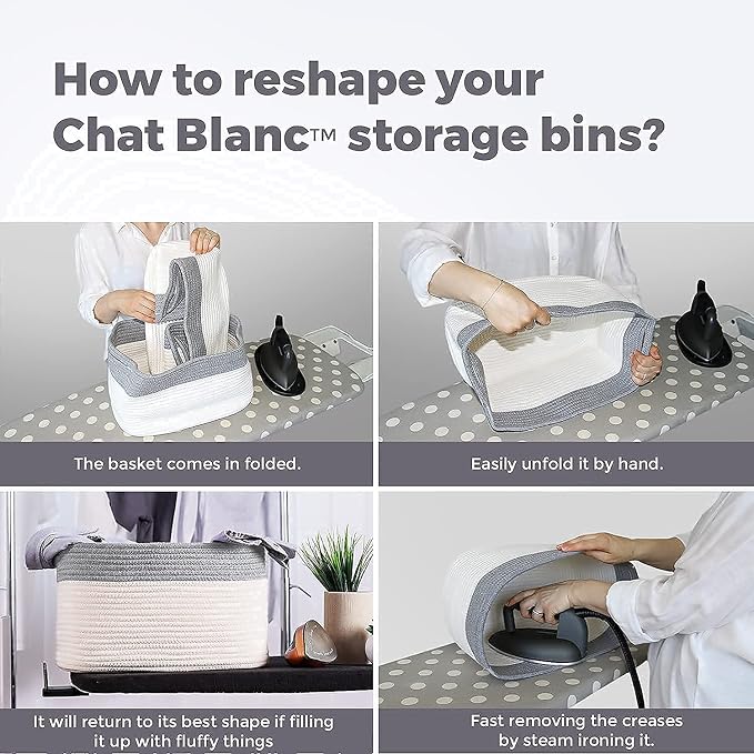 CHAT BLANC Cotton Rope Baskets for Organizing, Shelves, Toys, Storage, Shoe, Bathroom, Laundry, Towel, Nursery, Home Decor, Blanket, Cloth Woven Bins Fabric (Dark Gray & Creamy White7, 15"x10"x9")