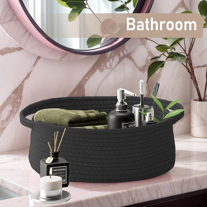JMvicyroam Small Woven Basket, Empty Gift Basket, Black/1 Pack | Small Gift Basket, Cotton Rope, 12 x 8 x 24 in, Handles, Includes Ribbon and Bag, Birthday Gift Basket