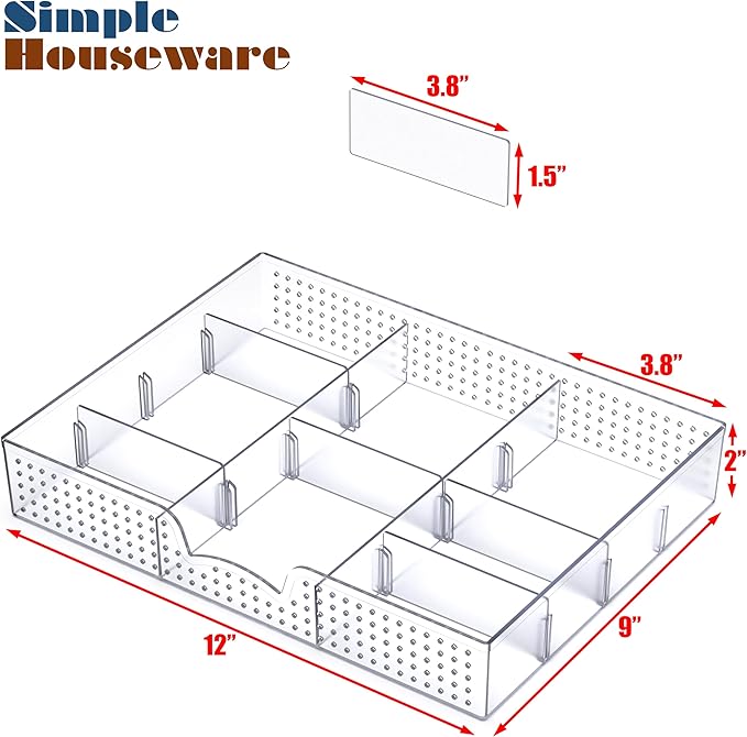 Simple Houseware Drawer Organizer Tray, 9 Adjustable Compartments, Clear | For Office, Makeup, and Craft Drawer or Desktop Storage