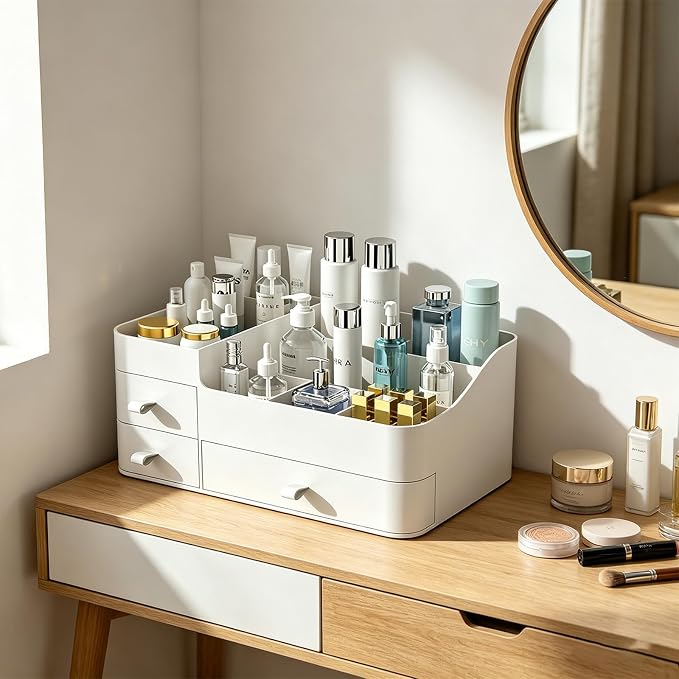 Makeup Organizer with 3 Drawers, Bathroom Counter Organizer. | Plastic Cosmetic Display Case, Ideal for Make Up, Skincare, Perfume; Suitable for Dresser Top, Vanity and Desk