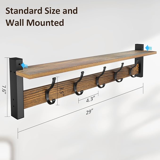 Optish Coat Rack Wall Mount with Shelf, 29 Inch Coat Hanger Walls Mounted, Hat Rack for Walls, Shelf with 5 Coat Hooks, Wall Hanger for Entryway (Brown)