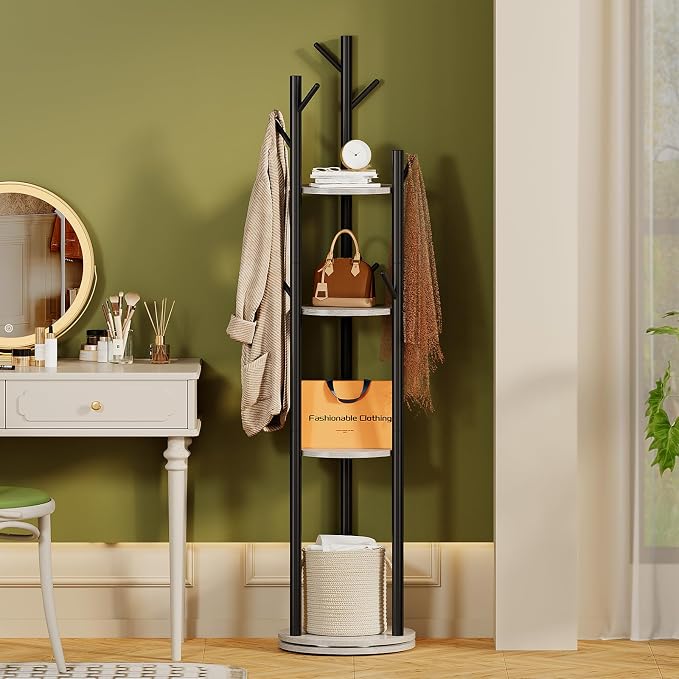 Espelism Rotary Coat Rack Stand, Freestanding Metal Hall Tree with 9 Hooks | 4-tier coat stand with wood storage shelves. Ideal for entryway, bedroom, corner or office clothing organization.Grey