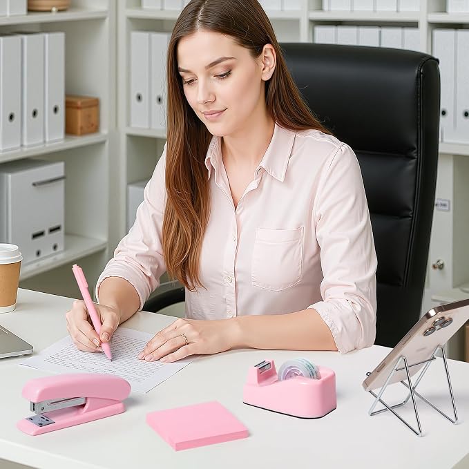 Pink Office Desk Accessories and Organizers, Office Supplies for Desk for Women, Stapler, 1000 Staples, Staple Remover, Phone Holder, Tape Dispenser, Pen Holder, Sticky Note, Clips, Ruler, Etc