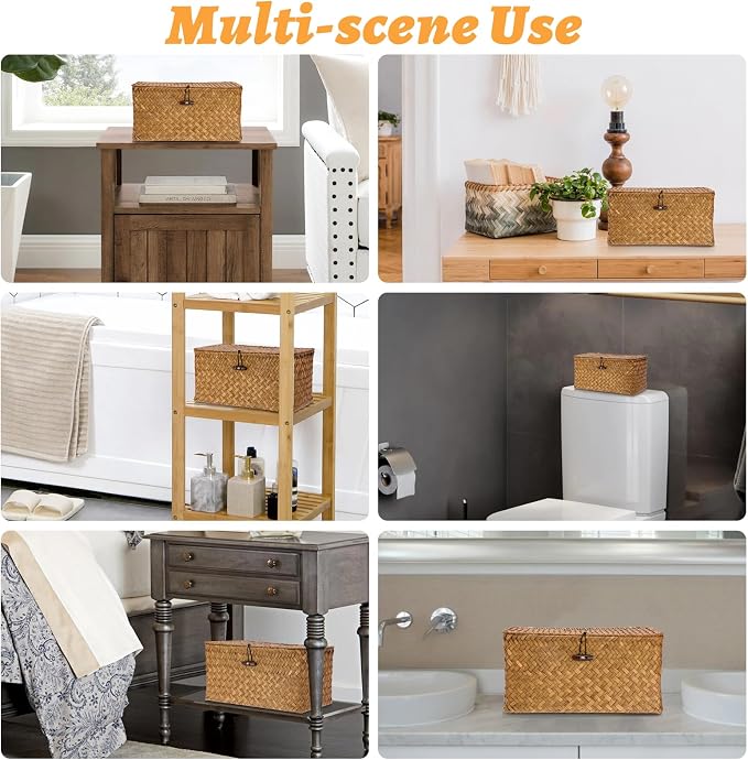 Sumnacon Wicker Basket with Lid Rectangle Woven Baskets for Toiletries Tampon Storage,Wicker Storage Basket with Lid,Decorative Seagrass Storage Baskets for Shelf Bathroom Toilet Table, Caramel
