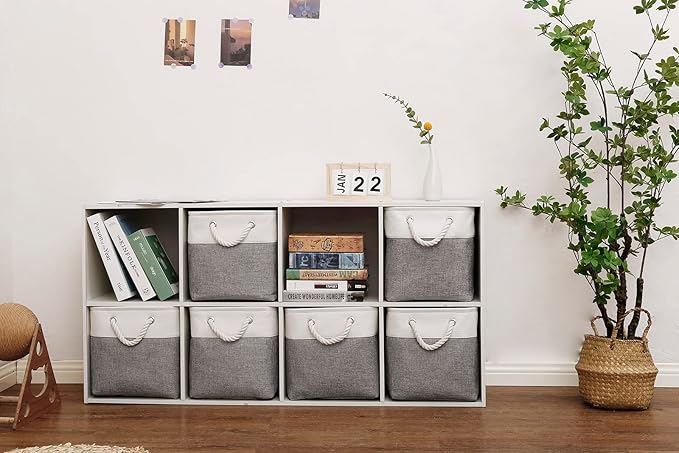Cube Storage Bins, 6 Pack Collapsible Fabric Storage Cubes, 11 Inch Cube Organizer Bins with Handles (White/Gray)