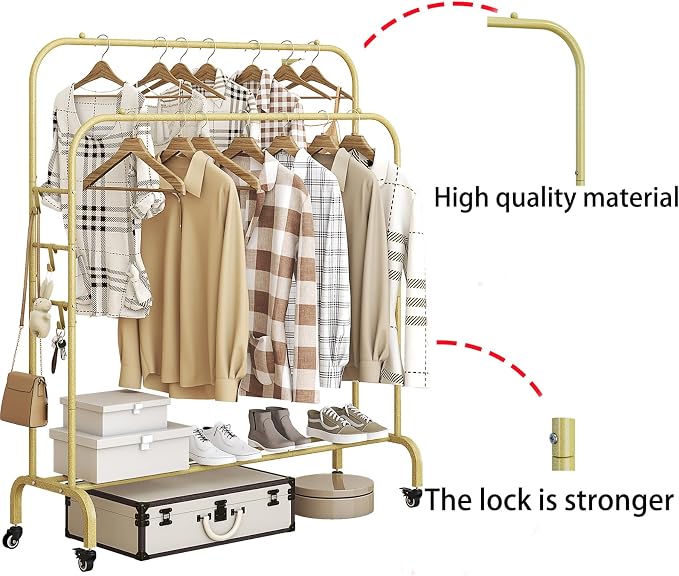 SUOERNUO Clothes Rack with Lockable Wheels Double Rods Metal Garment Racks | Portable Heavy-Duty Clothing Rack with Bottom, Rolling Clothes Shelves for Bedroom Laundry Living Room, Gold