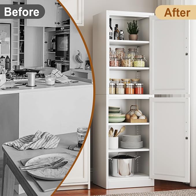 Tall Metal Narrow Bathroom Storage Locker Cabinet 67" H, Tall White Pantry Cabinets with 4 Adjustable Shelves and 2 Lockable Doors for Kitchen, Home Office, Living Room, Dining Room
